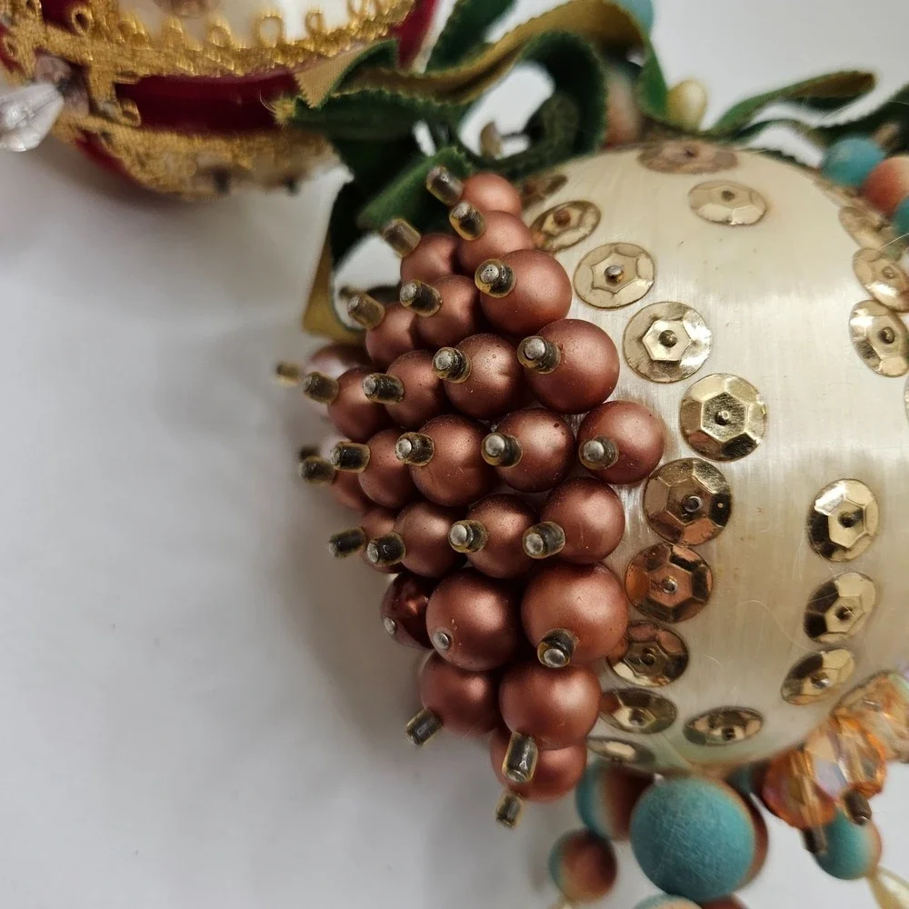 Vintage Lot of 4 Handmade Satin Sequin Beaded Christmas Ball Ornaments